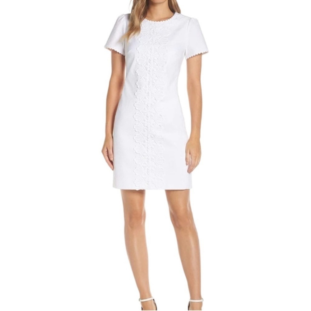Lilly Pulitzer Short Sleeve Lace Dress Maisie‎ Stretch Shift Resort White